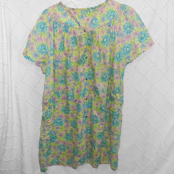 VINTAGE NIGHTGOWN HOUSE COAT GRANNY DRESS PEARL SNAPS COTTAGE CORE-FREE SIZE - Picture 1 of 2